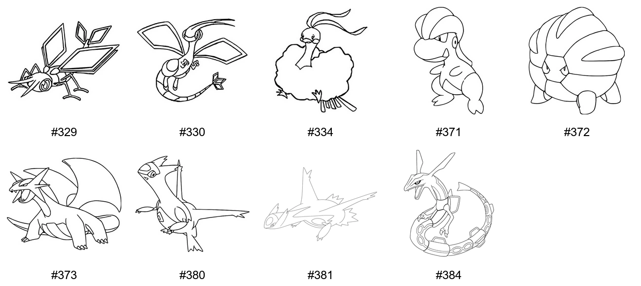 Pokémon Dragon Coloring Pages - Generation 3 - Vibrava, Flygon, Altaria, Bagon