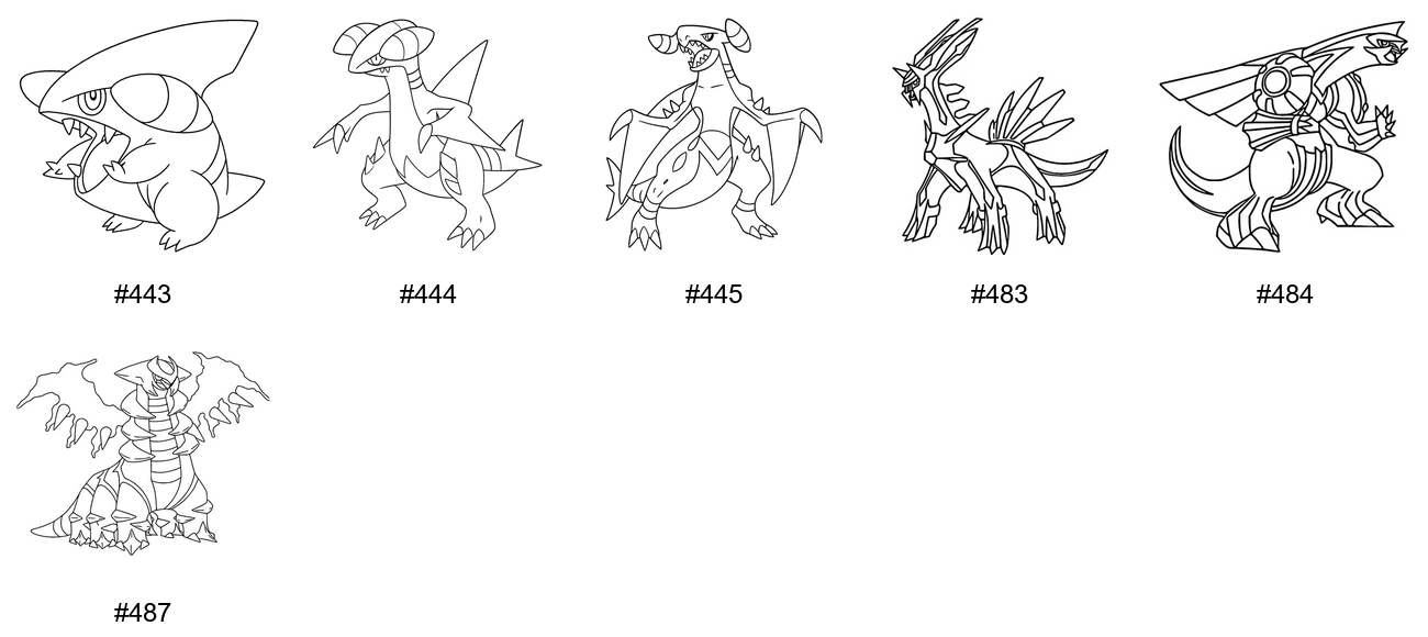 Pokémon Dragon Coloring Pages - Generation 4 - Gible, Gabite, Garchomp, Dialga