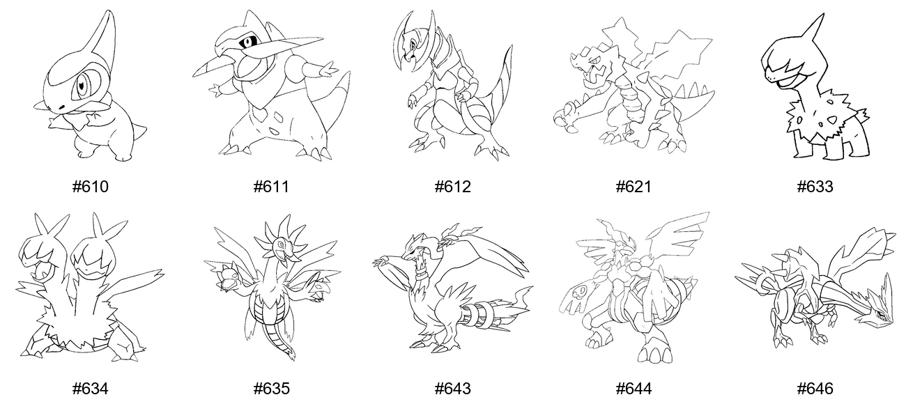 Pokémon Dragon Coloring Pages - Generation 5 - Axew, Fraxure, Haxorus, Druddigon