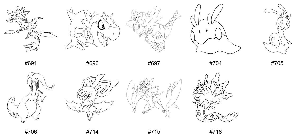 Pokémon Dragon Coloring Pages - Generation 6 - Dragalge, Tyrunt, Tyrantrum, Goomy