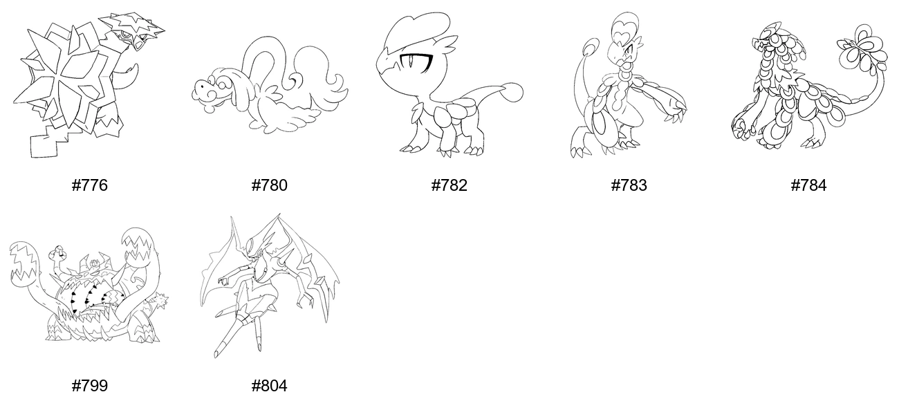Pokémon Dragon Coloring Pages - Generation 7 - Turtonator, Drampa, Jangmo-o, Hakamo-o