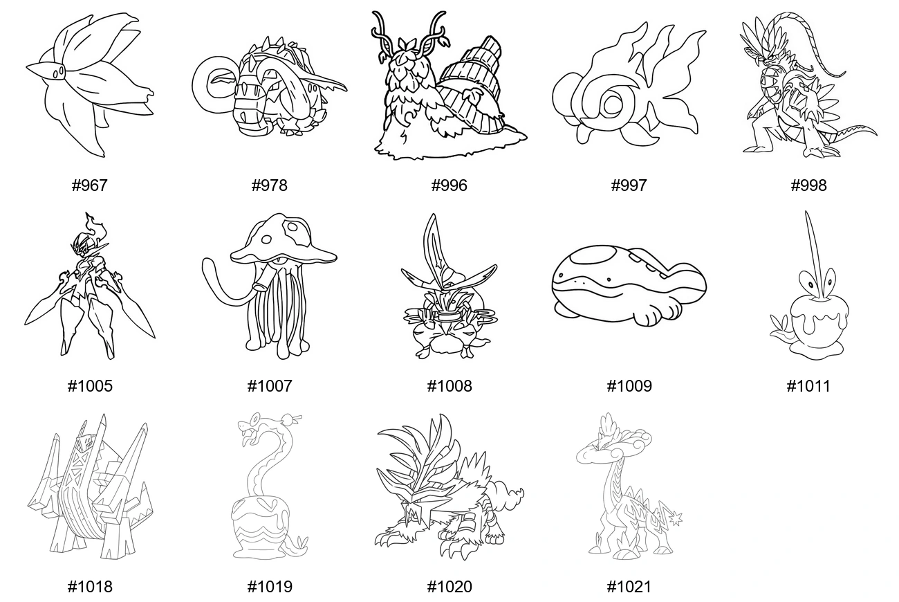 Pokémon Dragon Coloring Pages - Generation 9 - Glimmora, Great Tusk, Wo-Chien, Chi-Yu