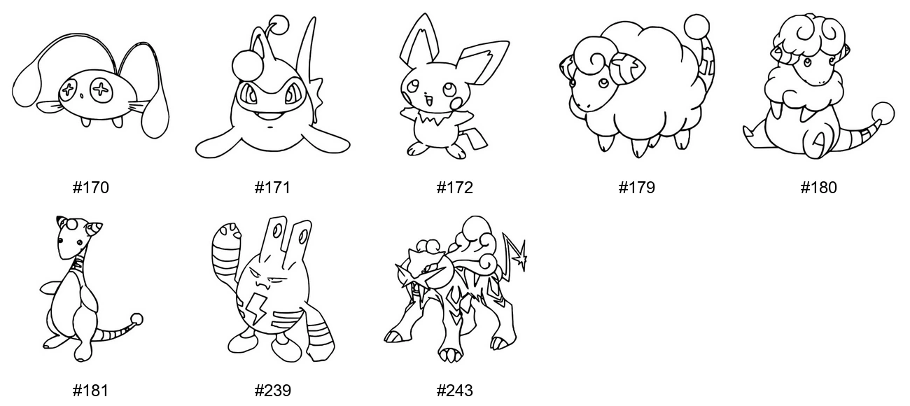 Sähkö-tyypin Pokémon-värityskuvat - Sukupolvi 2 - Chinchou, Lanturn, Pichu, Mareep