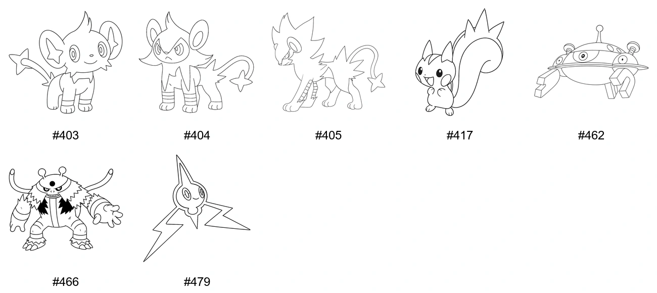 Sähkö-tyypin Pokémon-värityskuvat - Sukupolvi 4 - Shinx, Luxio, Luxray, Pachirisu