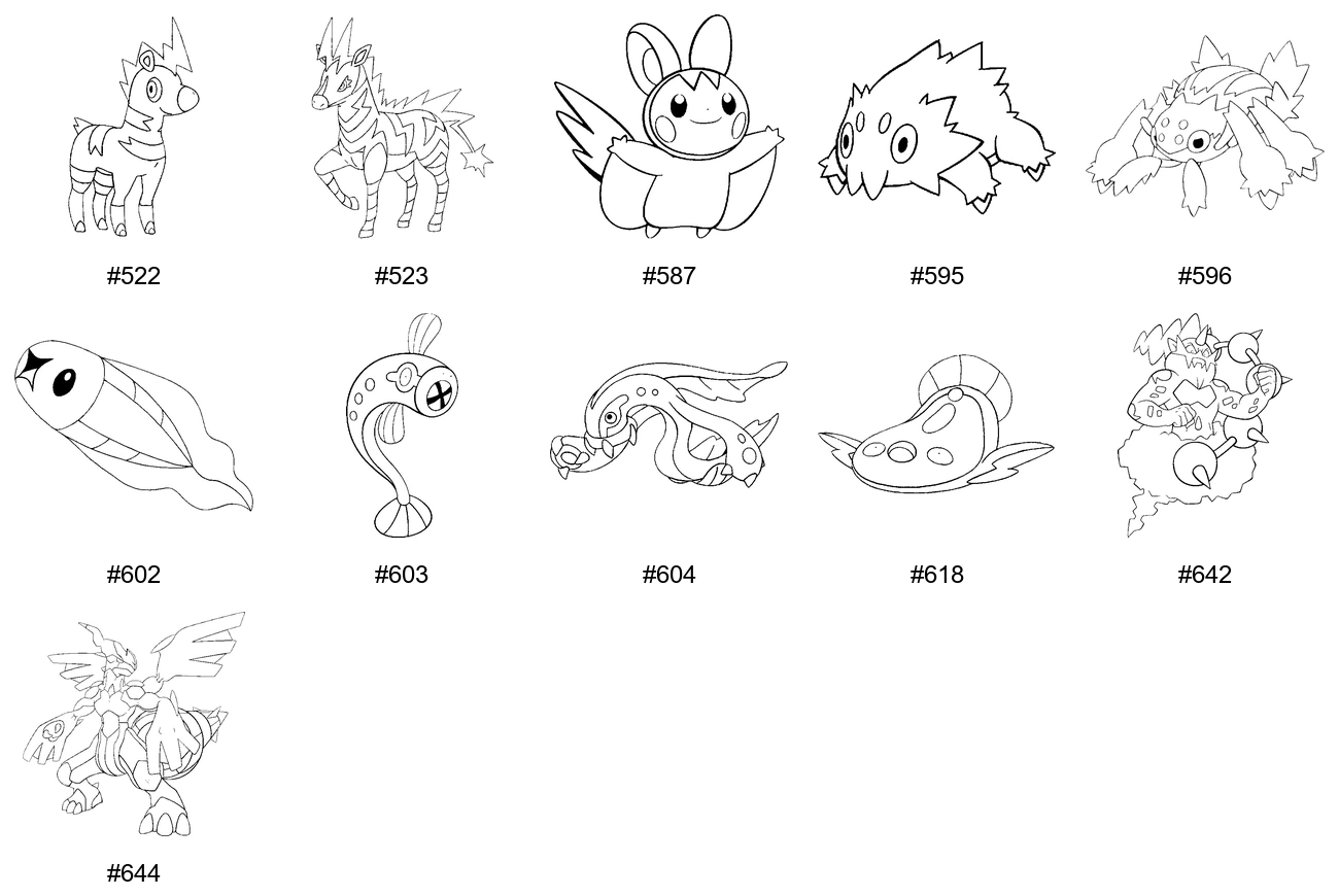 Sähkö-tyypin Pokémon-värityskuvat - Sukupolvi 5 - Blitzle, Zebstrika, Emolga, Joltik
