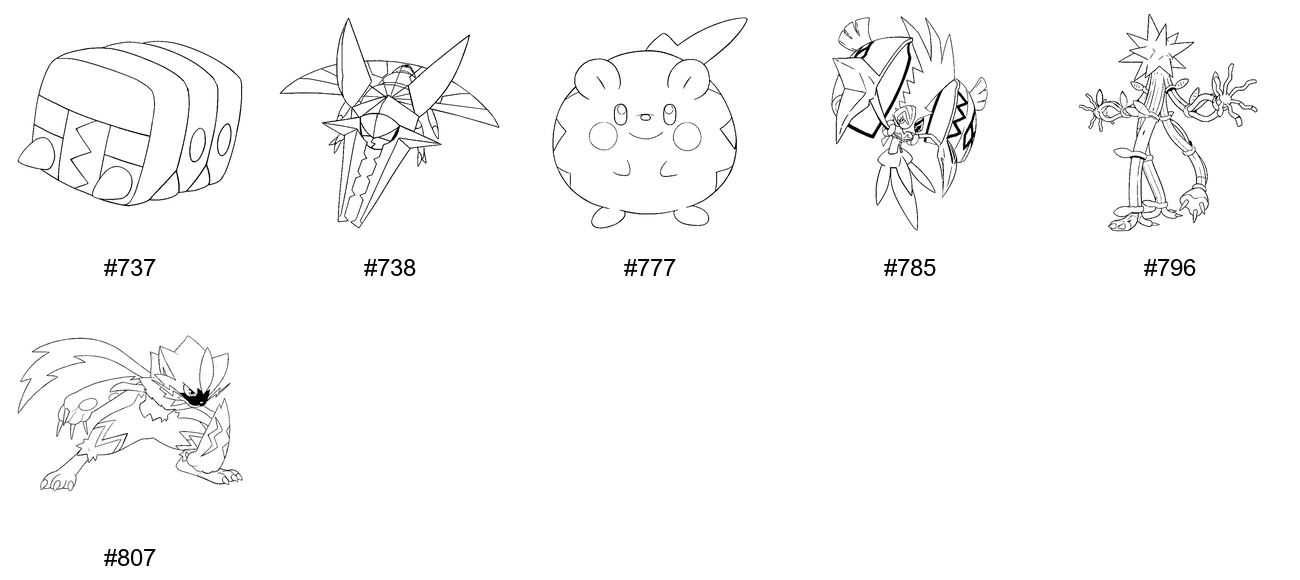 Sähkö-tyypin Pokémon-värityskuvat - Sukupolvi 7 - Charjabug, Vikavolt, Togedemaru, Tapu Koko