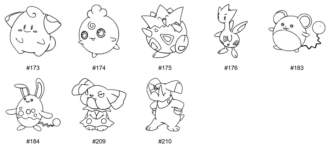 Keiju-tyypin Pokémon-värityskuvat - Sukupolvi 2 - Cleffa, Igglybuff, Togepi, Togetic