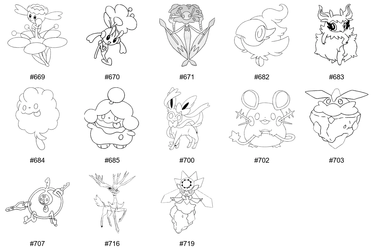 Keiju-tyypin Pokémon-värityskuvat - Sukupolvi 6 - Flabébé, Floette, Florges, Spritzee