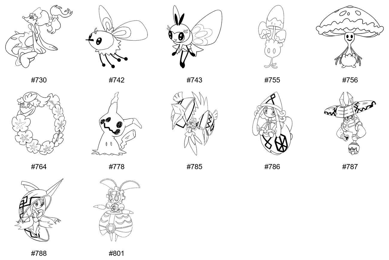 Keiju-tyypin Pokémon-värityskuvat - Sukupolvi 7 - Primarina, Cutiefly, Ribombee, Morelull