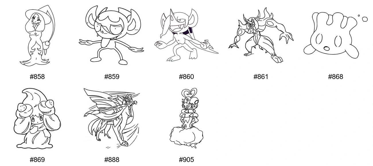 Keiju-tyypin Pokémon-värityskuvat - Sukupolvi 8 - Hatterene, Impidimp, Morgrem, Grimmsnarl
