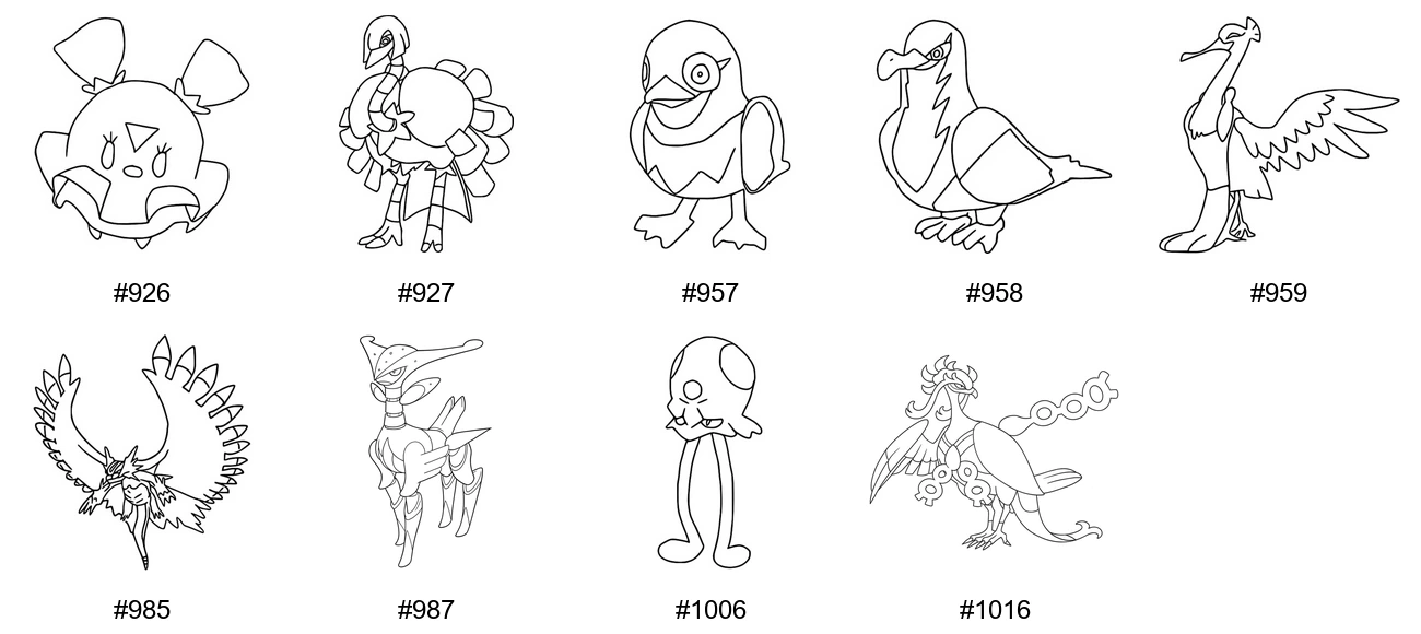 Keiju-tyypin Pokémon-värityskuvat - Sukupolvi 9 - Flittle, Espathra, Wattrel, Kilowattrel