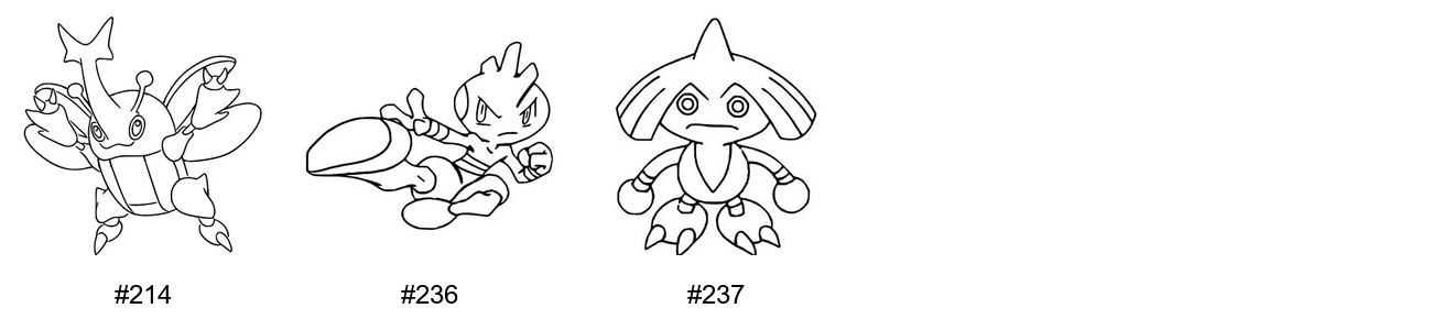 Taistelu-tyypin Pokémon-värityskuvat - Sukupolvi 2 - Heracross, Tyrogue, Hitmontop