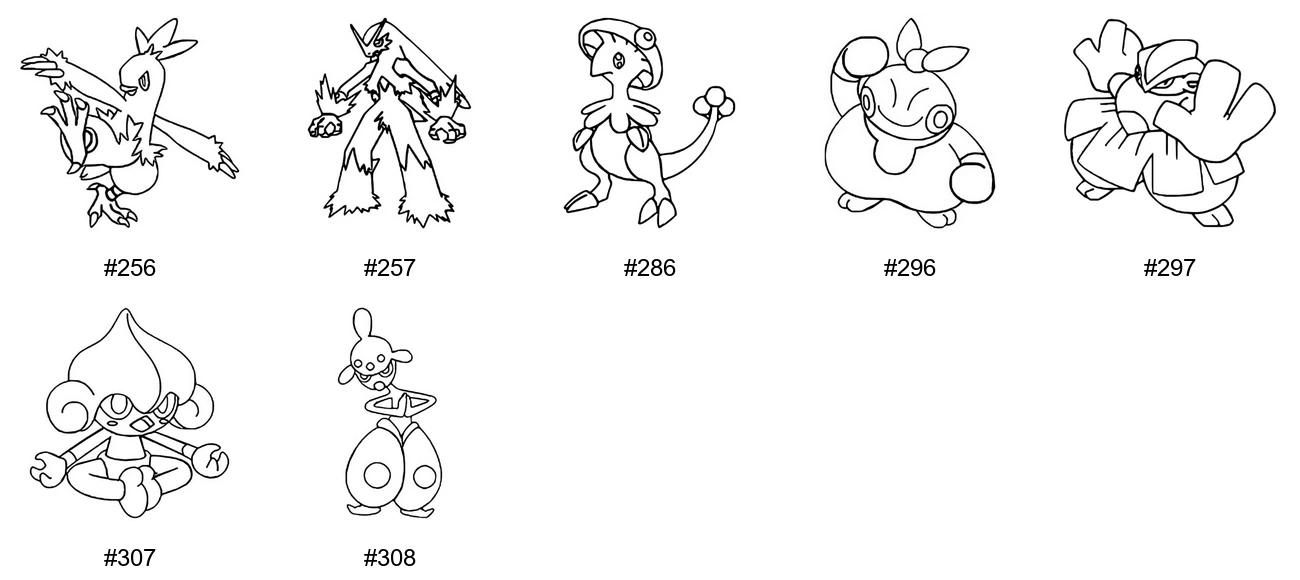 Taistelu-tyypin Pokémon-värityskuvat - Sukupolvi 3 - Combusken, Blaziken, Breloom, Makuhita