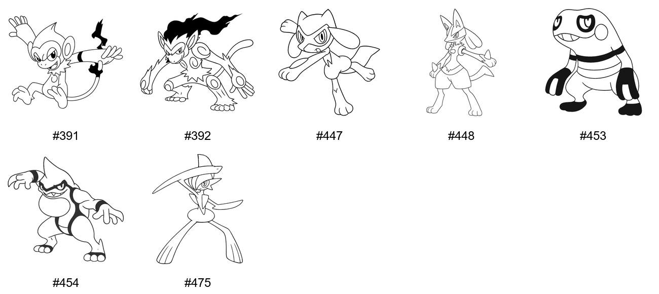 Taistelu-tyypin Pokémon-värityskuvat - Sukupolvi 4 - Monferno, Infernape, Riolu, Lucario