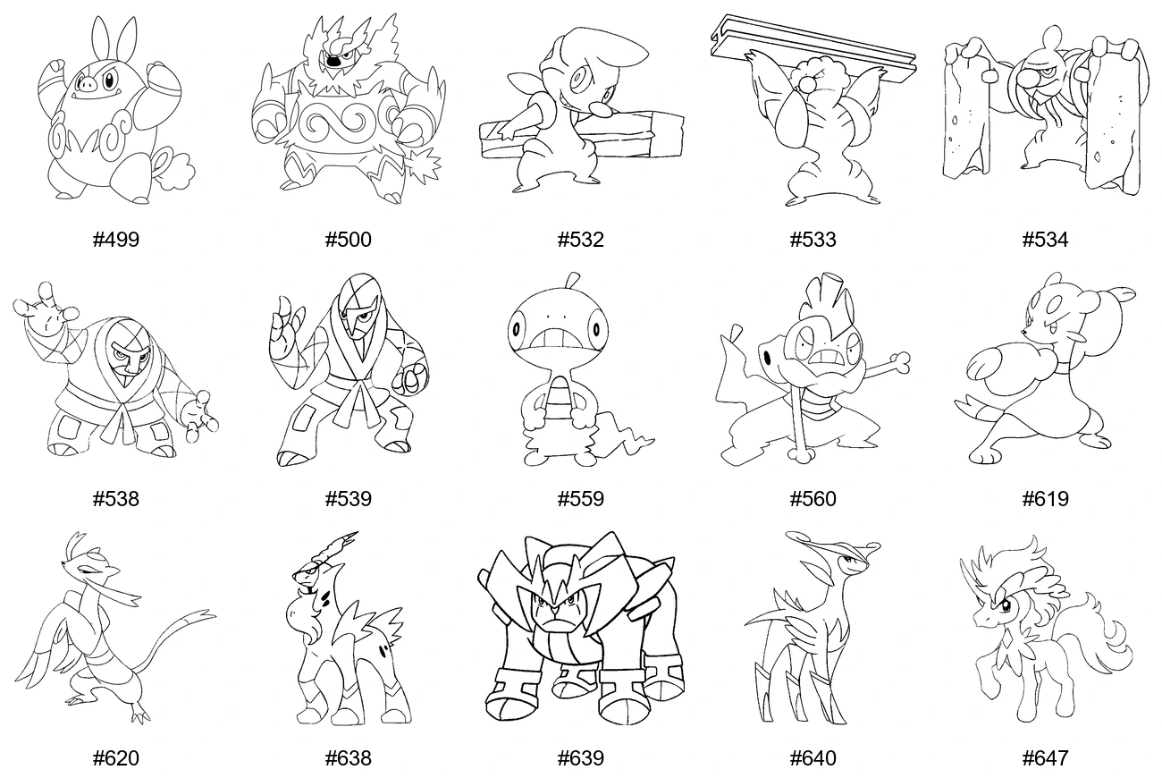 Taistelu-tyypin Pokémon-värityskuvat - Sukupolvi 5 - Pignite, Emboar, Timburr, Gurdurr