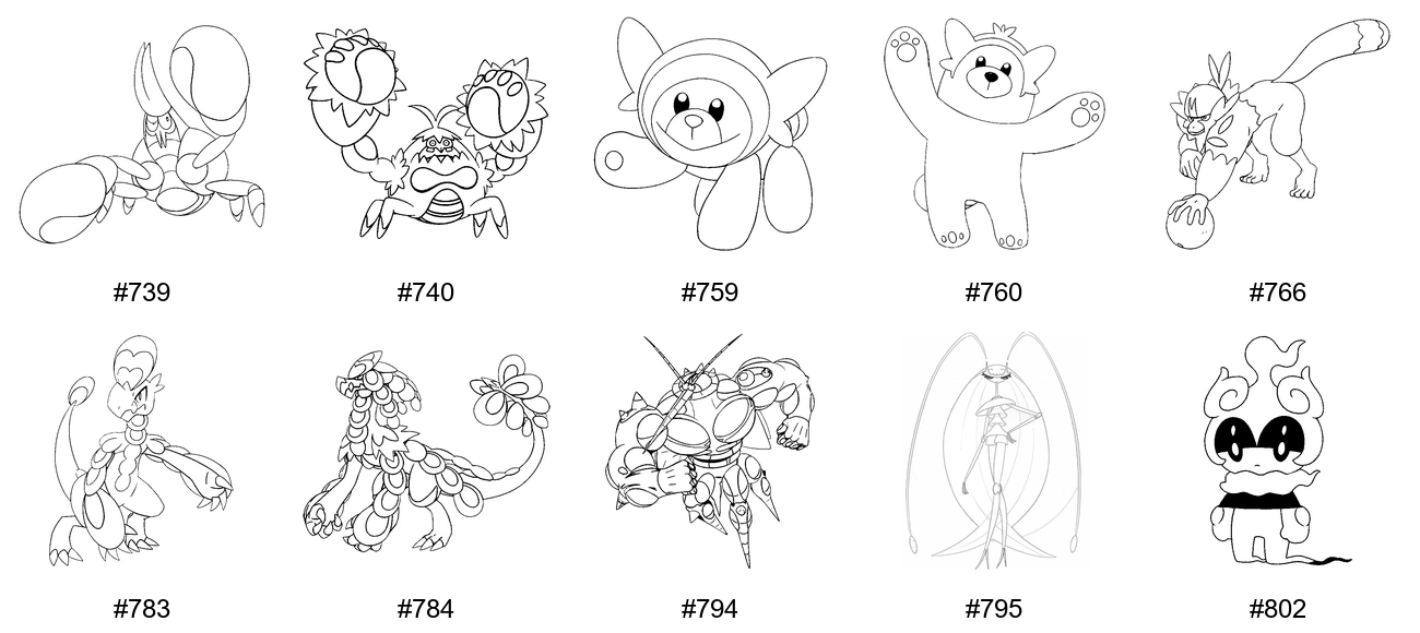Taistelu-tyypin Pokémon-värityskuvat - Sukupolvi 7 - Crabrawler, Crabominable, Stufful, Bewear