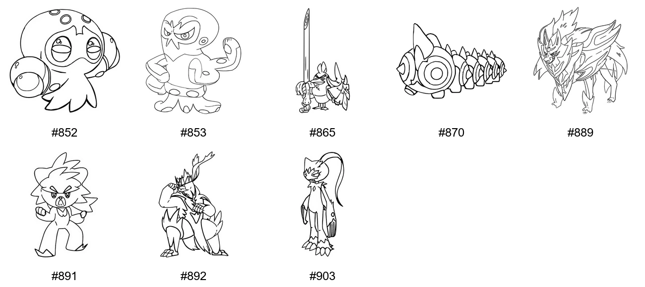 Taistelu-tyypin Pokémon-värityskuvat - Sukupolvi 8 - Clobbopus, Grapploct, Sirfetch'd, Falinks