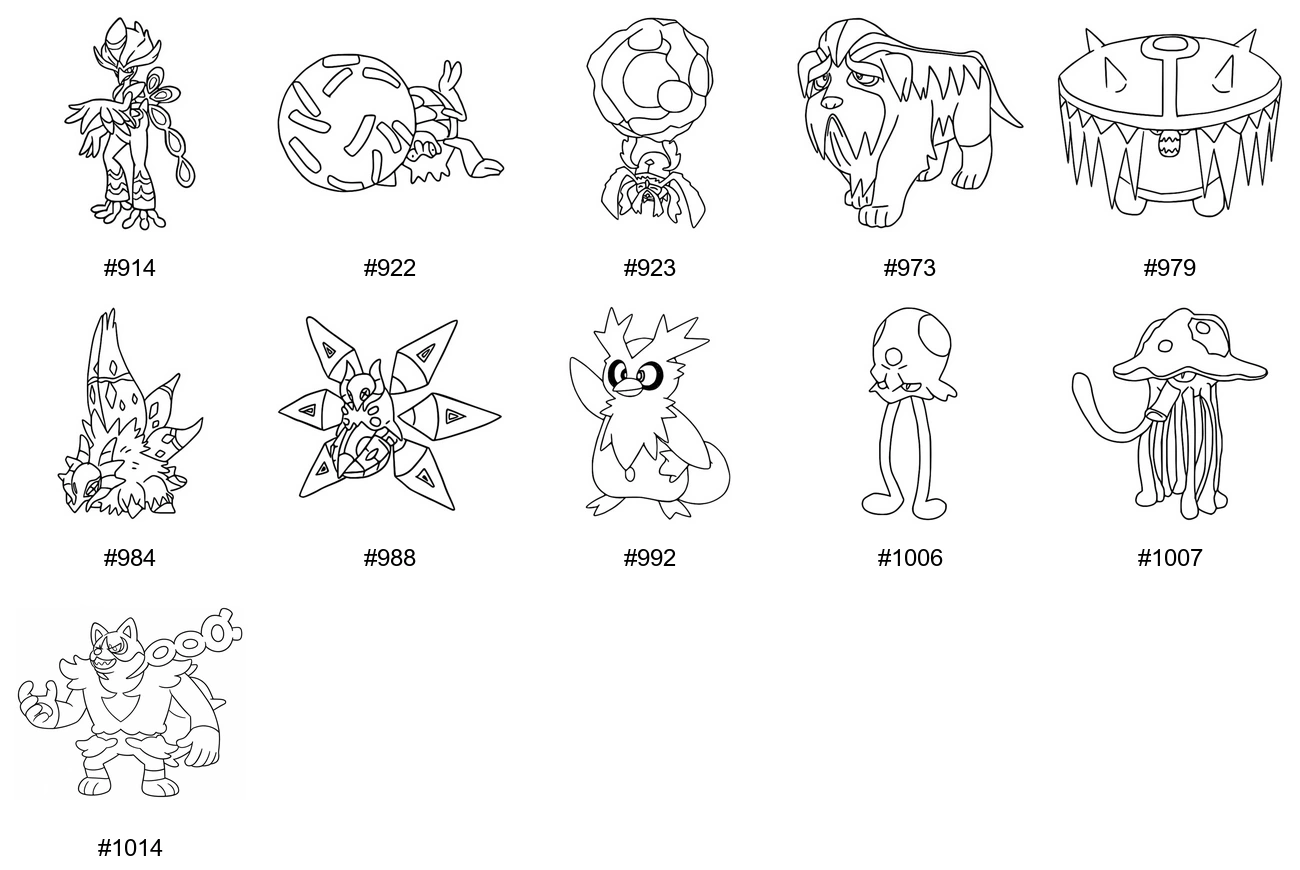 Taistelu-tyypin Pokémon-värityskuvat - Sukupolvi 9 - Quaquaval, Rellor, Rabsca, Mabosstiff