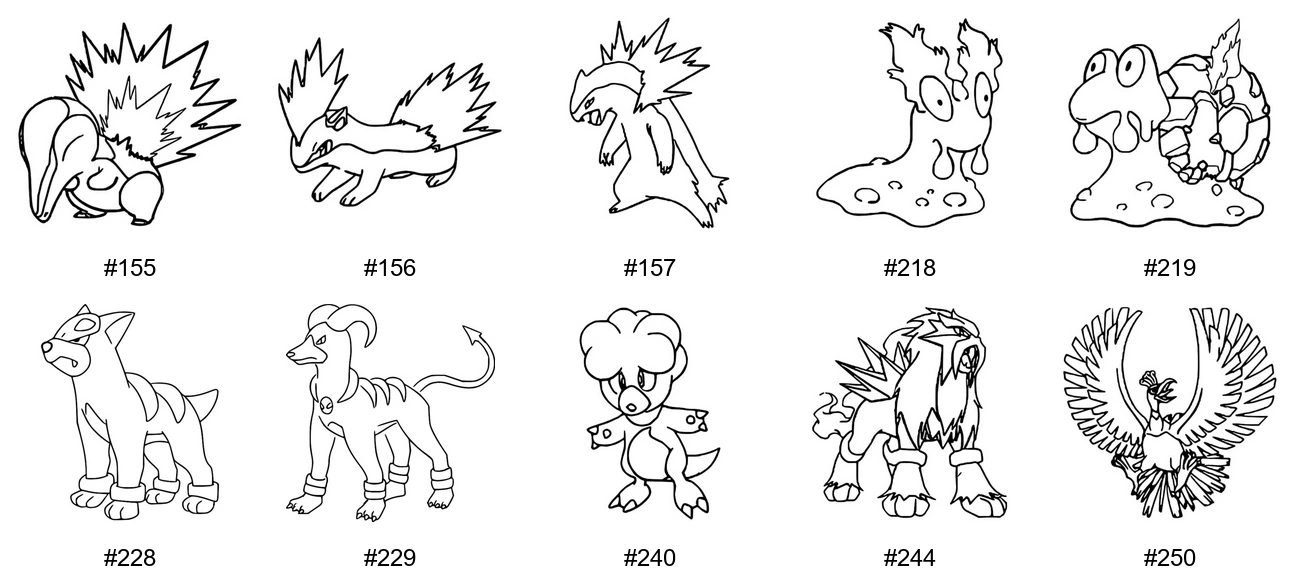 Tuli-tyypin Pokémon-värityskuvat - Sukupolvi 2 - Cyndaquil, Quilava, Typhlosion, Slugma