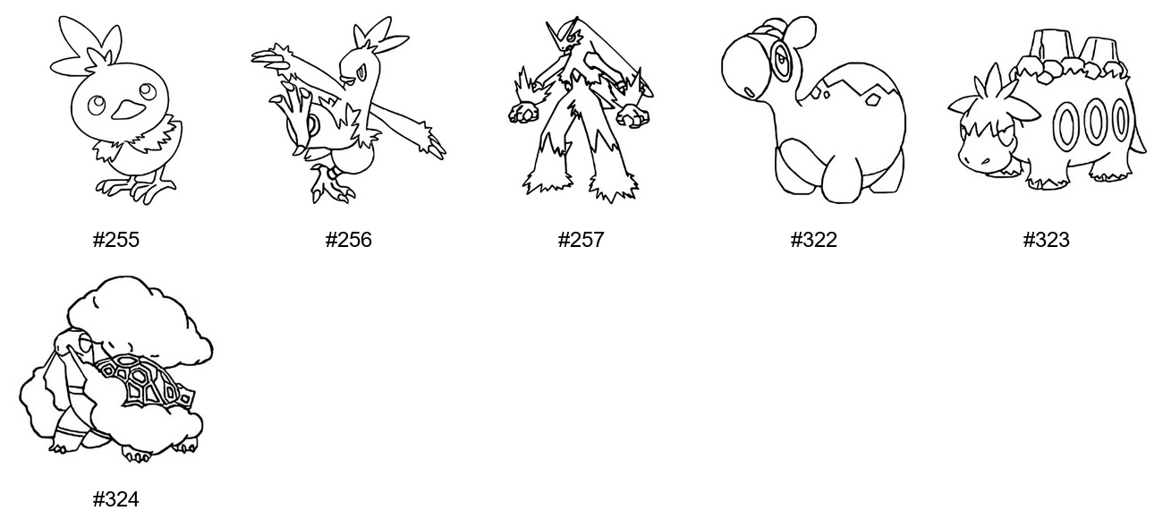Tuli-tyypin Pokémon-värityskuvat - Sukupolvi 3 - Torchic, Combusken, Blaziken, Numel