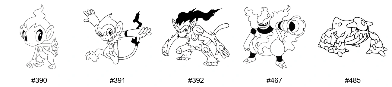Tuli-tyypin Pokémon-värityskuvat - Sukupolvi 4 - Chimchar, Monferno, Infernape, Magmortar
