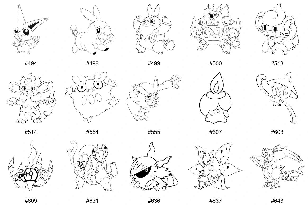 Tuli-tyypin Pokémon-värityskuvat - Sukupolvi 5 - Victini, Tepig, Pignite, Emboar