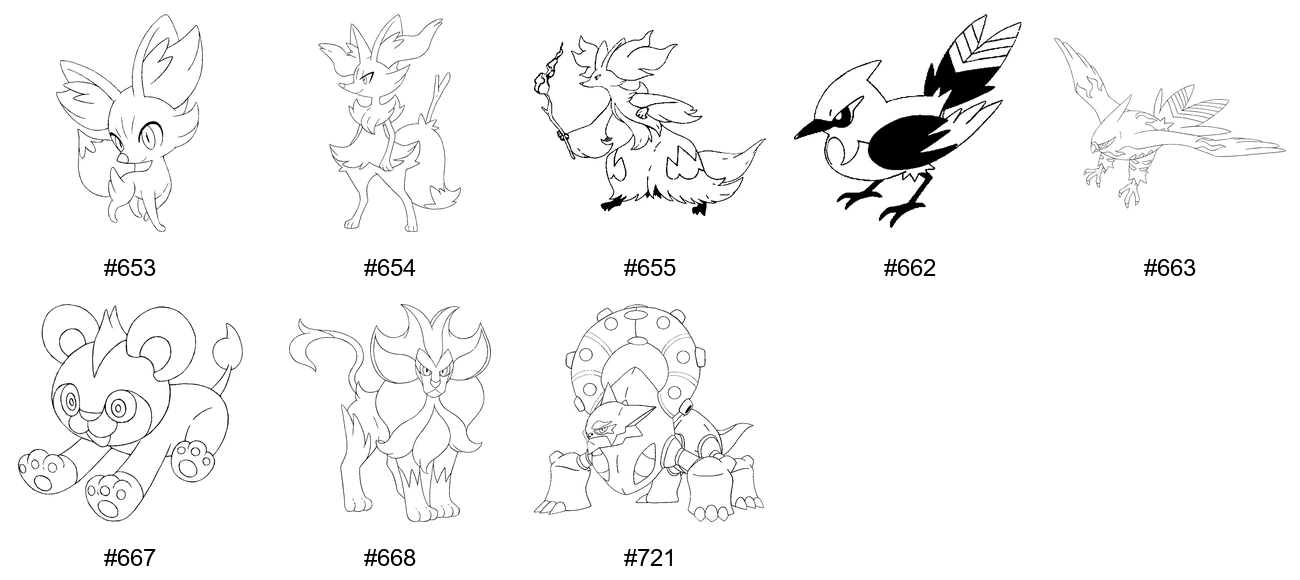 Tuli-tyypin Pokémon-värityskuvat - Sukupolvi 6 - Fennekin, Braxien, Delphox, Fletchinder
