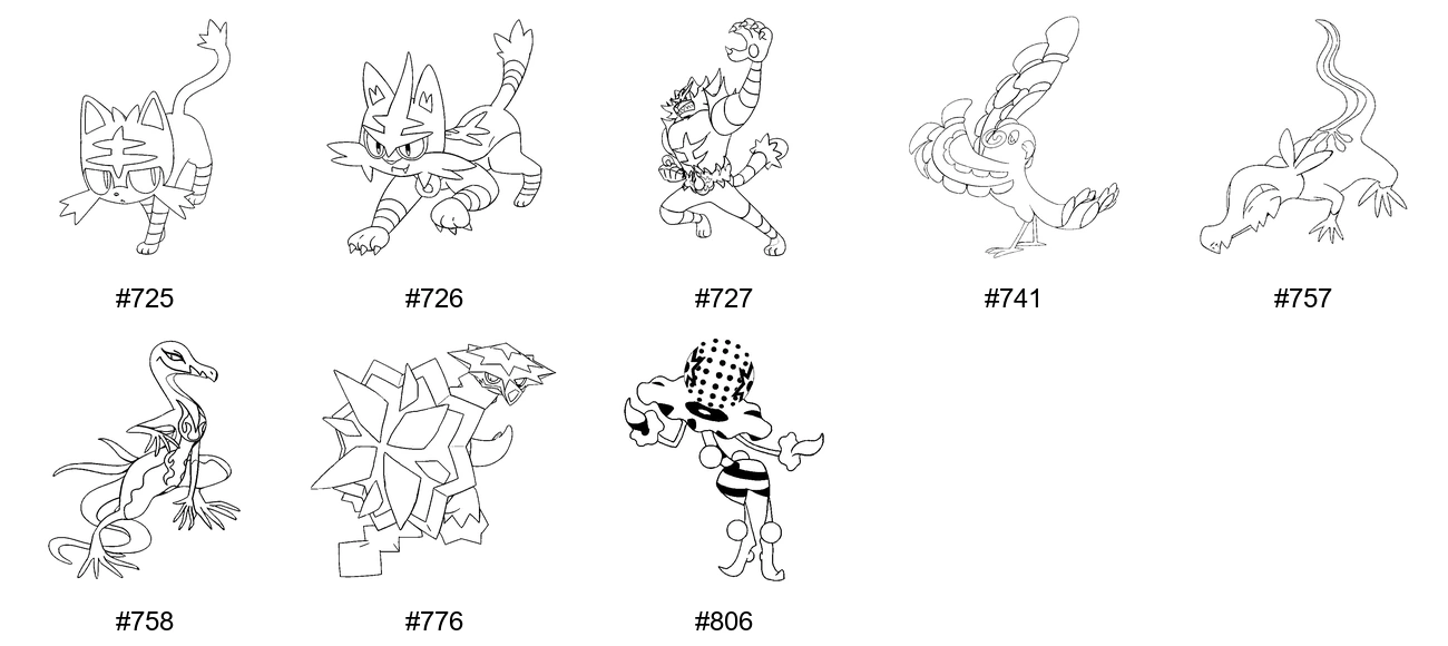 Tuli-tyypin Pokémon-värityskuvat - Sukupolvi 7 - Litten, Torracat, Incineroar, Oricorio