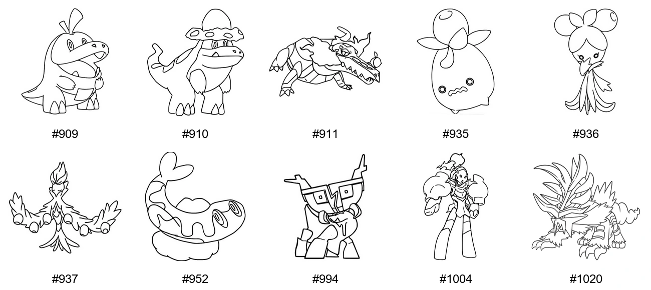 Tuli-tyypin Pokémon-värityskuvat - Sukupolvi 9 - Fuecoco, Crocalor, Skeledirge, Smoliv