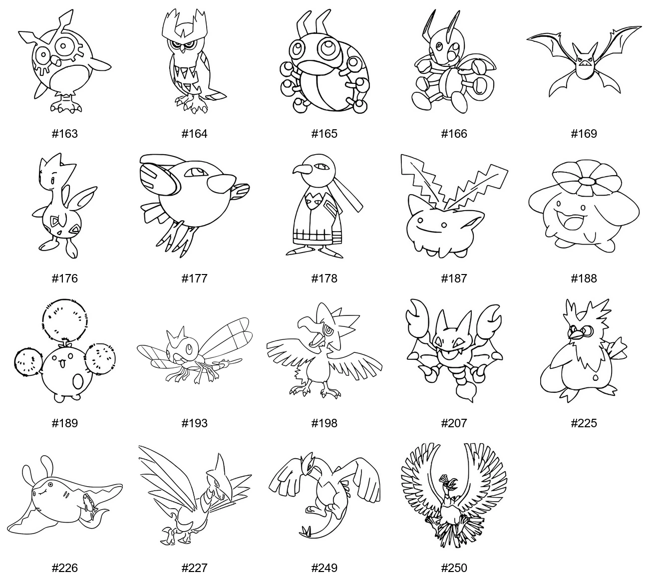 Lentävä-tyypin Pokémon-värityskuvat - Sukupolvi 2 - Hoothoot, Noctowl, Ledyba, Ledian