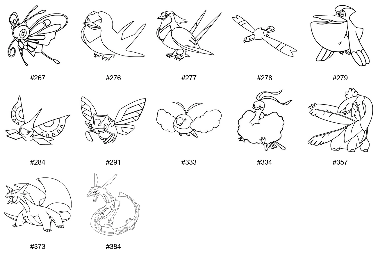 Lentävä-tyypin Pokémon-värityskuvat - Sukupolvi 3 - Beautifly, Taillow, Swellow, Wingull