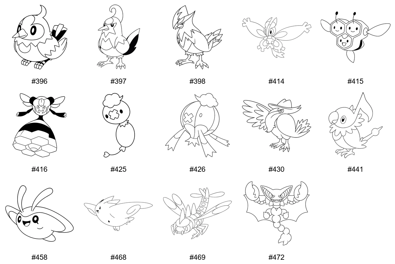 Lentävä-tyypin Pokémon-värityskuvat - Sukupolvi 4 - Starly, Staravia, Staraptor, Mothim