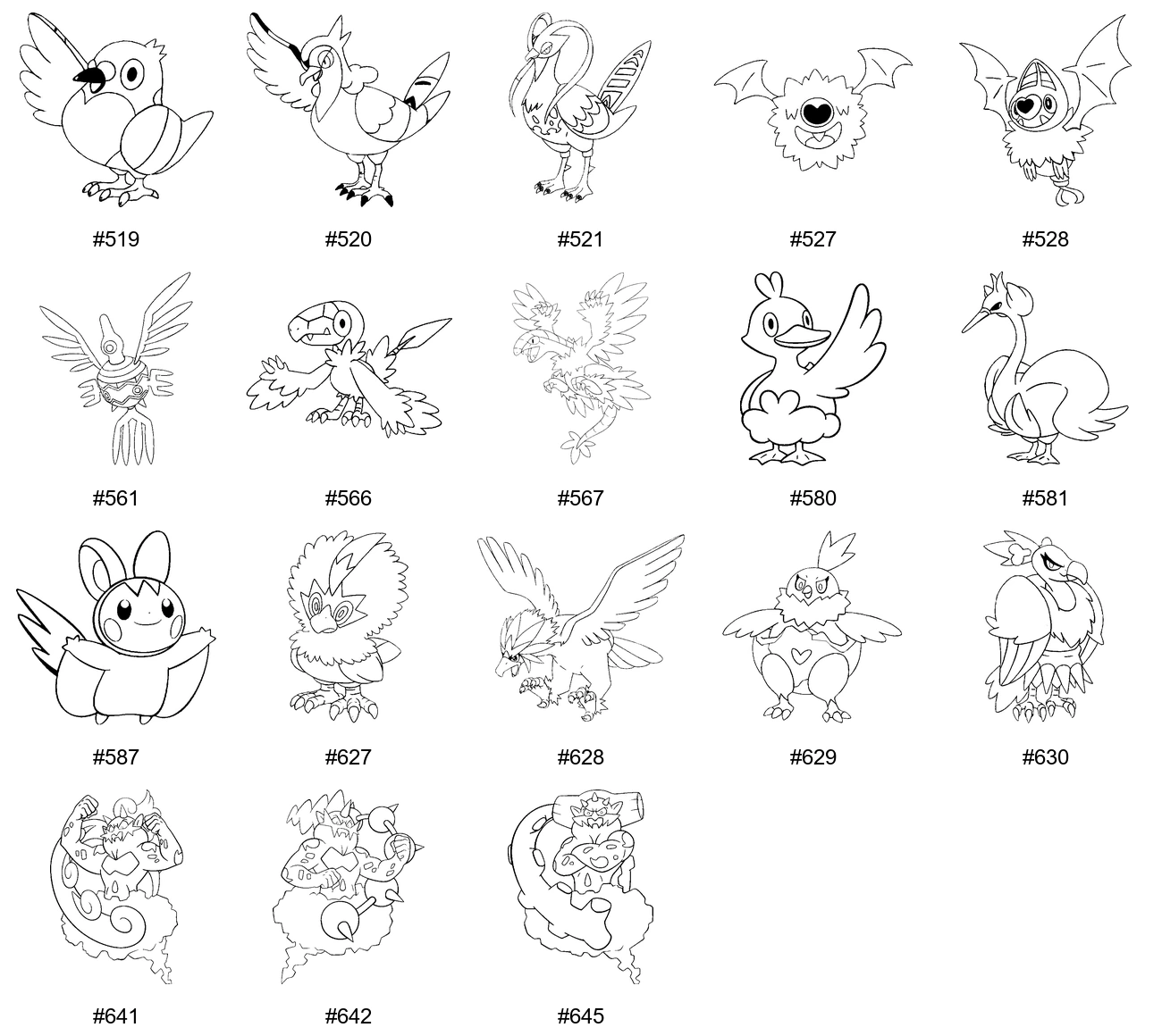 Lentävä-tyypin Pokémon-värityskuvat - Sukupolvi 5 - Pidove, Tranquill, Unfezant, Woobat