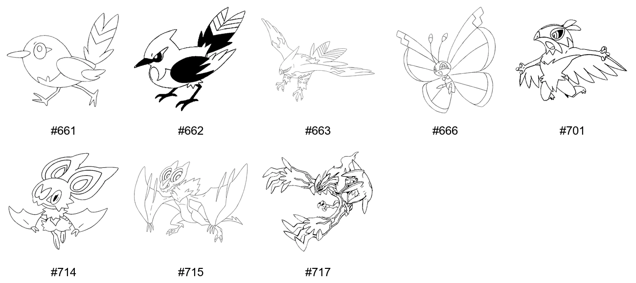 Lentävä-tyypin Pokémon-värityskuvat - Sukupolvi 6 - Fletchling, Fletchinder, Talonflame, Vivillon