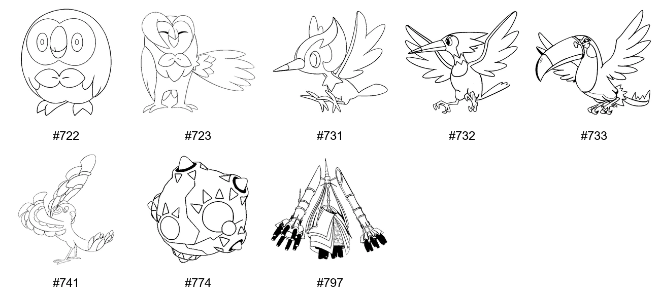 Lentävä-tyypin Pokémon-värityskuvat - Sukupolvi 7 - Rowlet, Dartrix, Pikipek, Trumbeak