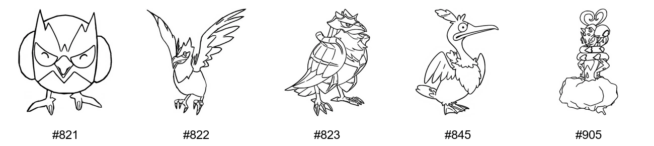Lentävä-tyypin Pokémon-värityskuvat - Sukupolvi 8 - Rookidee, Corvisquire, Corviknight, Cramorant