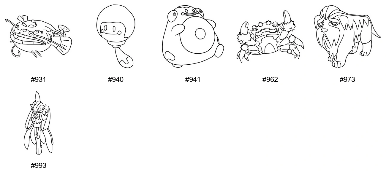 Lentävä-tyypin Pokémon-värityskuvat - Sukupolvi 9 - Dondozo, Tadbulb, Bellibolt, Klawf