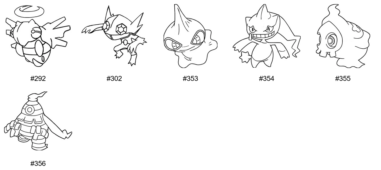 Aave-tyypin Pokémon-värityskuvat - Sukupolvi 3 - Shedinja, Sableye, Shuppet, Banette