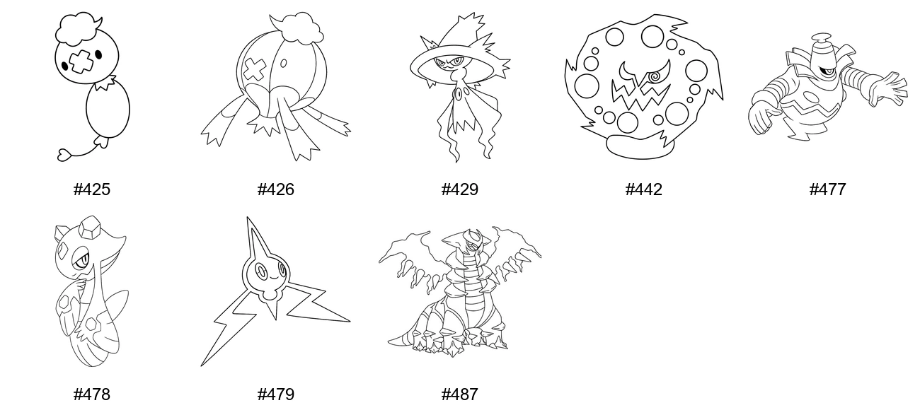 Aave-tyypin Pokémon-värityskuvat - Sukupolvi 4 - Drifloon, Drifblim, Mismagius, Spiritomb
