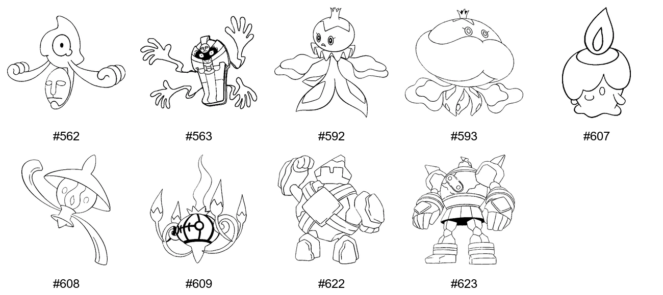 Aave-tyypin Pokémon-värityskuvat - Sukupolvi 5 - Yamask, Cofagrigus, Frillish, Jellicent