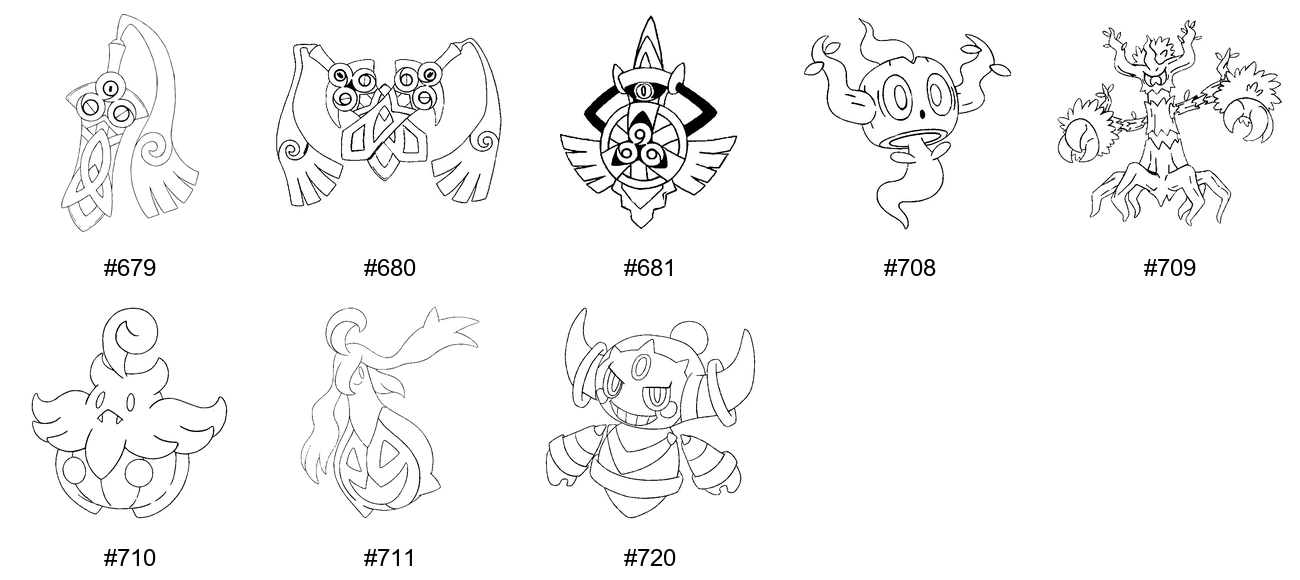 Aave-tyypin Pokémon-värityskuvat - Sukupolvi 6 - Honedge, Doublade, Aegislash, Phantump