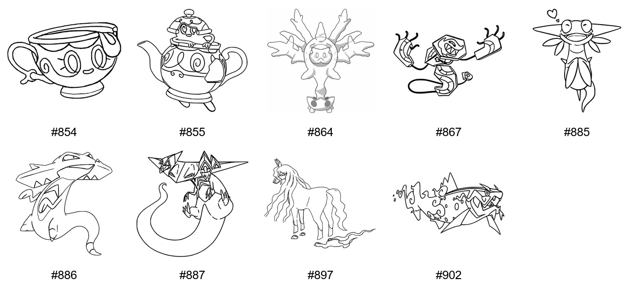 Aave-tyypin Pokémon-värityskuvat - Sukupolvi 8 - Sinistea, Polteageist, Cursola, Runerigus