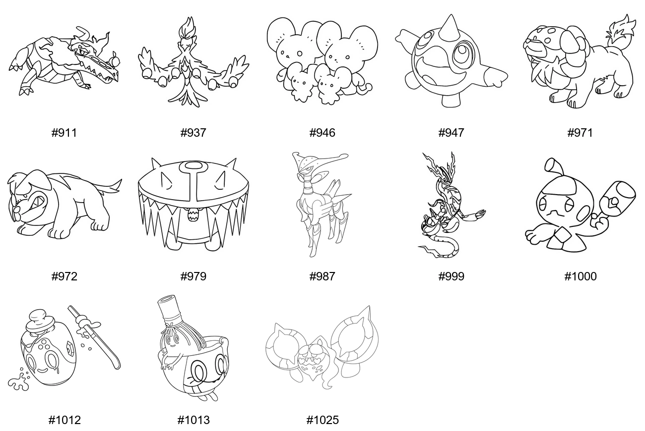 Aave-tyypin Pokémon-värityskuvat - Sukupolvi 9 - Skeledirge, Arboliva, Maushold, Cetoddle