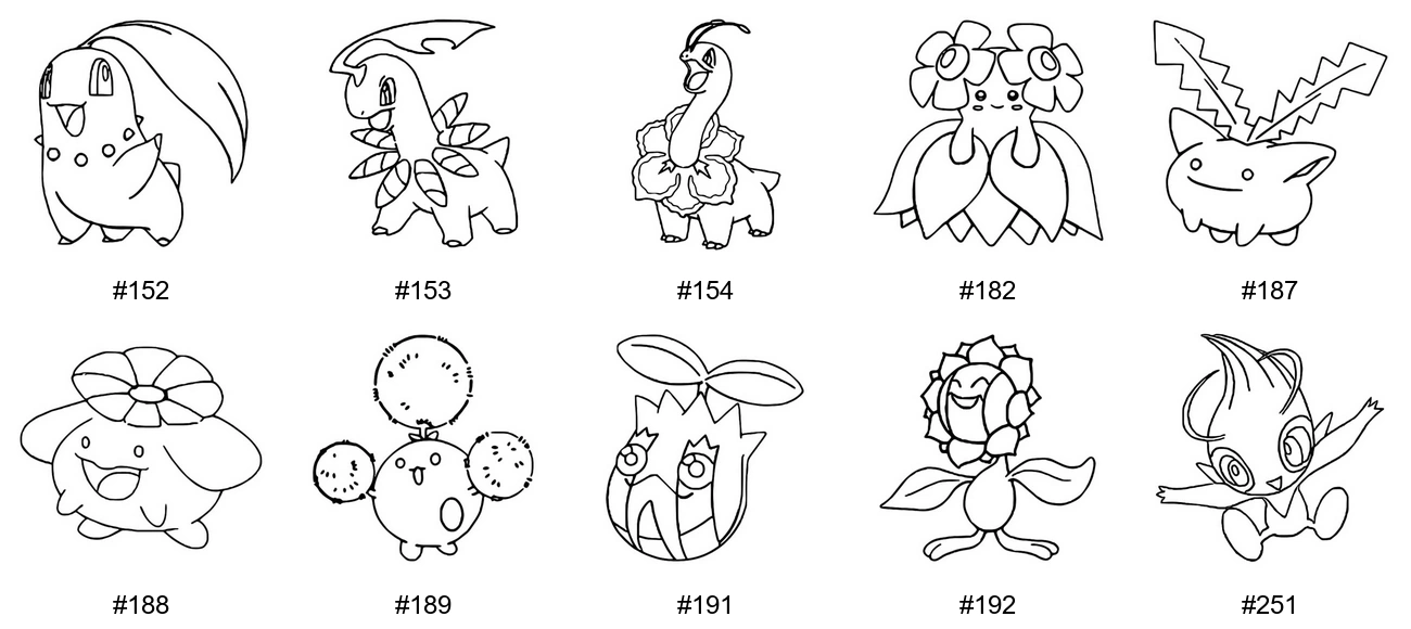 Ruoho-tyypin Pokémon-värityskuvat - Sukupolvi 2 - Chikorita, Bayleef, Meganium, Bellossom