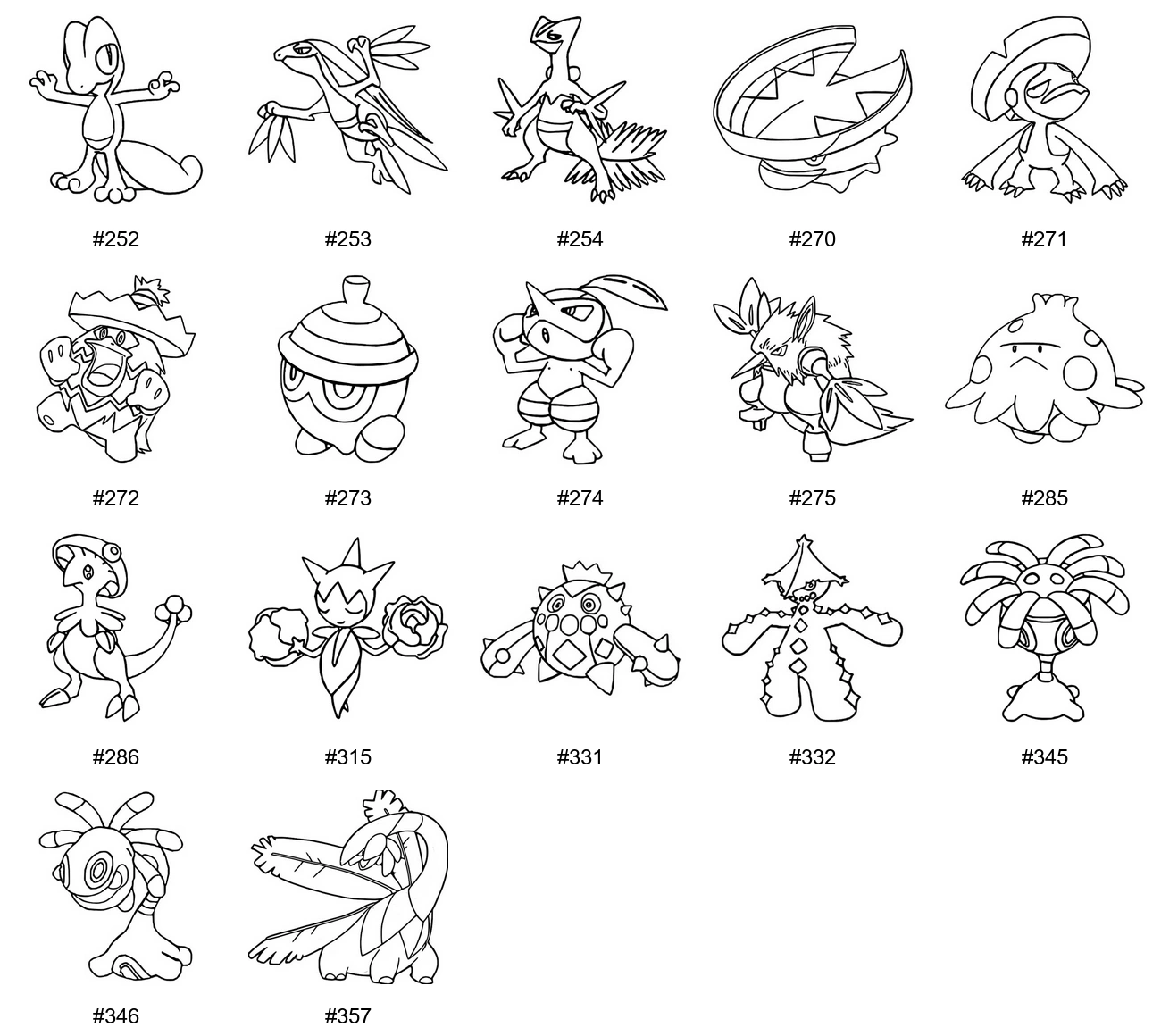 Ruoho-tyypin Pokémon-värityskuvat - Sukupolvi 3 - Treecko, Grovyle, Sceptile, Lotad