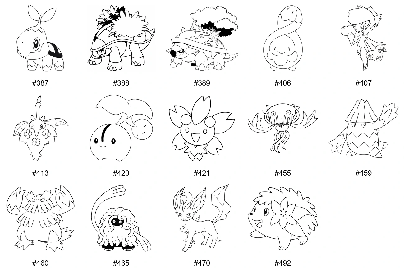 Ruoho-tyypin Pokémon-värityskuvat - Sukupolvi 4 - Turtwig, Grotle, Torterra, Budew