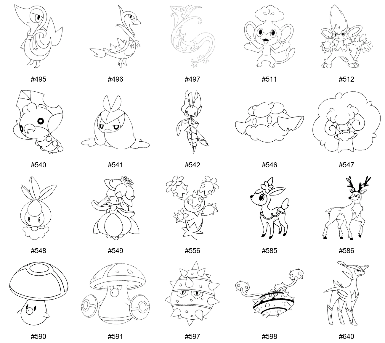 Ruoho-tyypin Pokémon-värityskuvat - Sukupolvi 5 - Snivy, Servine, Serperior, Pansage