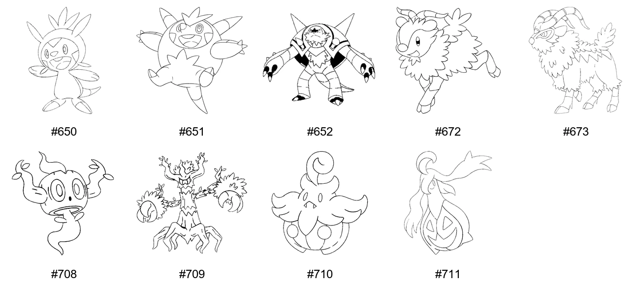 Ruoho-tyypin Pokémon-värityskuvat - Sukupolvi 6 - Chespin, Quilladin, Chesnaught, Skiddo