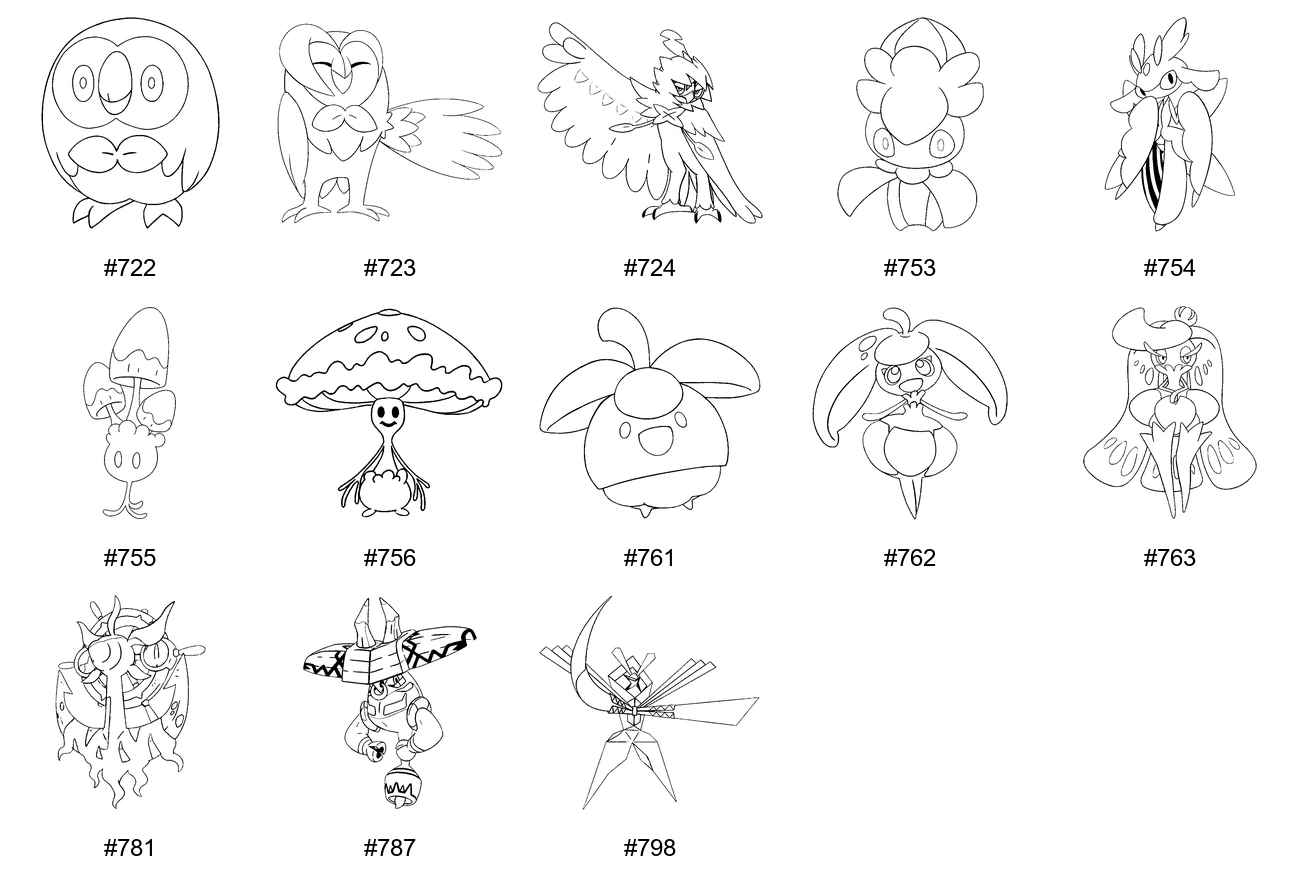 Ruoho-tyypin Pokémon-värityskuvat - Sukupolvi 7 - Rowlet, Dartrix, Decidueye, Fomantis