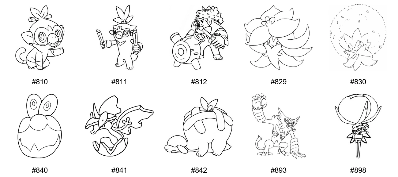 Ruoho-tyypin Pokémon-värityskuvat - Sukupolvi 8 - Grookey, Thwackey, Rillaboom, Gossifleur